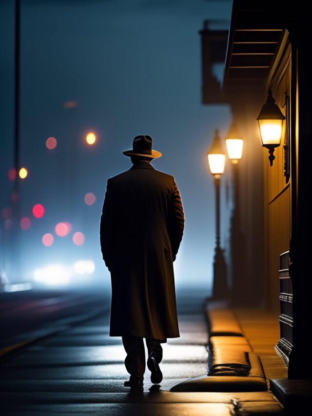 A solitary detective walking down a dark